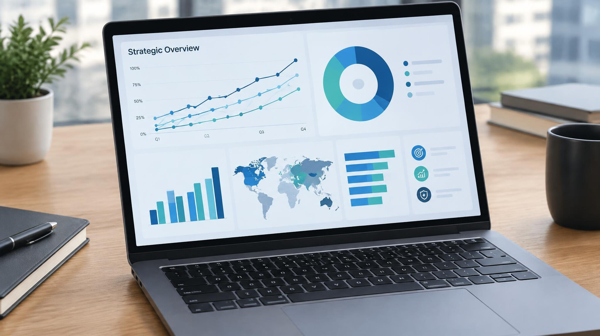 Laptop screen showing business analytics charts